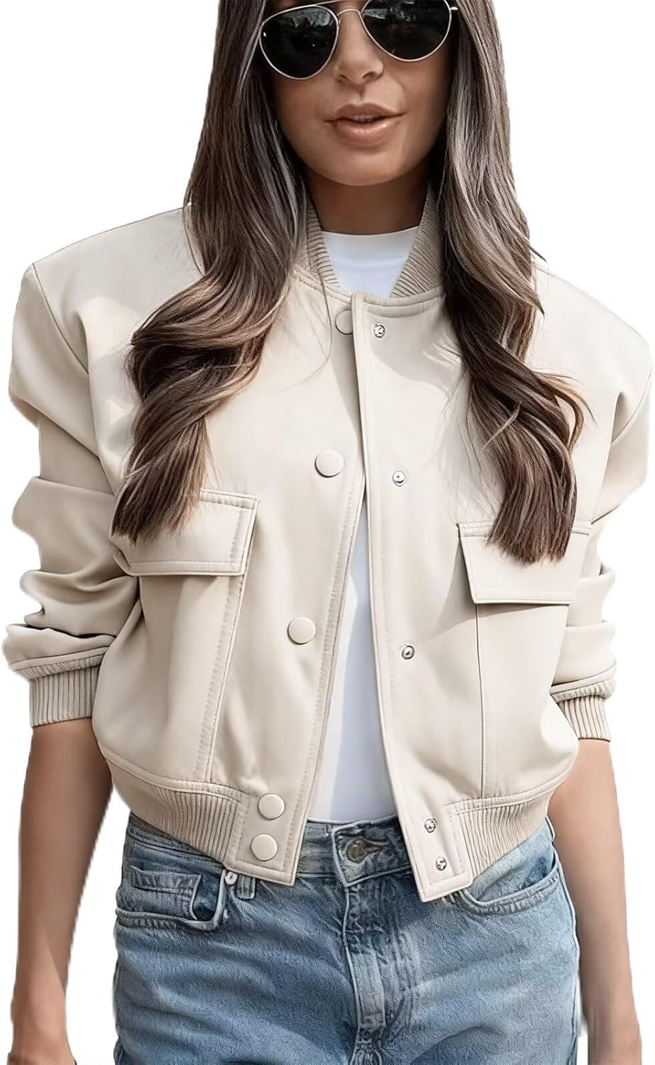 imbpceu Women Bomber Jacket Casual Long Sleeve Button Down Varsity Jackets with Pockets
