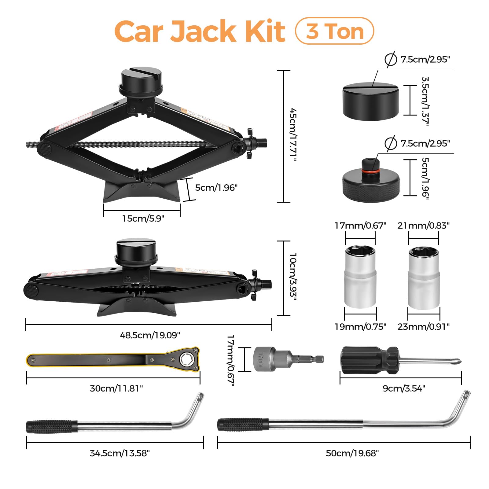 Gato hidráulico de tijera 3T 3000 kg universal 10-45 cm con 2 almohadillas de goma para SUV MPV Tesla