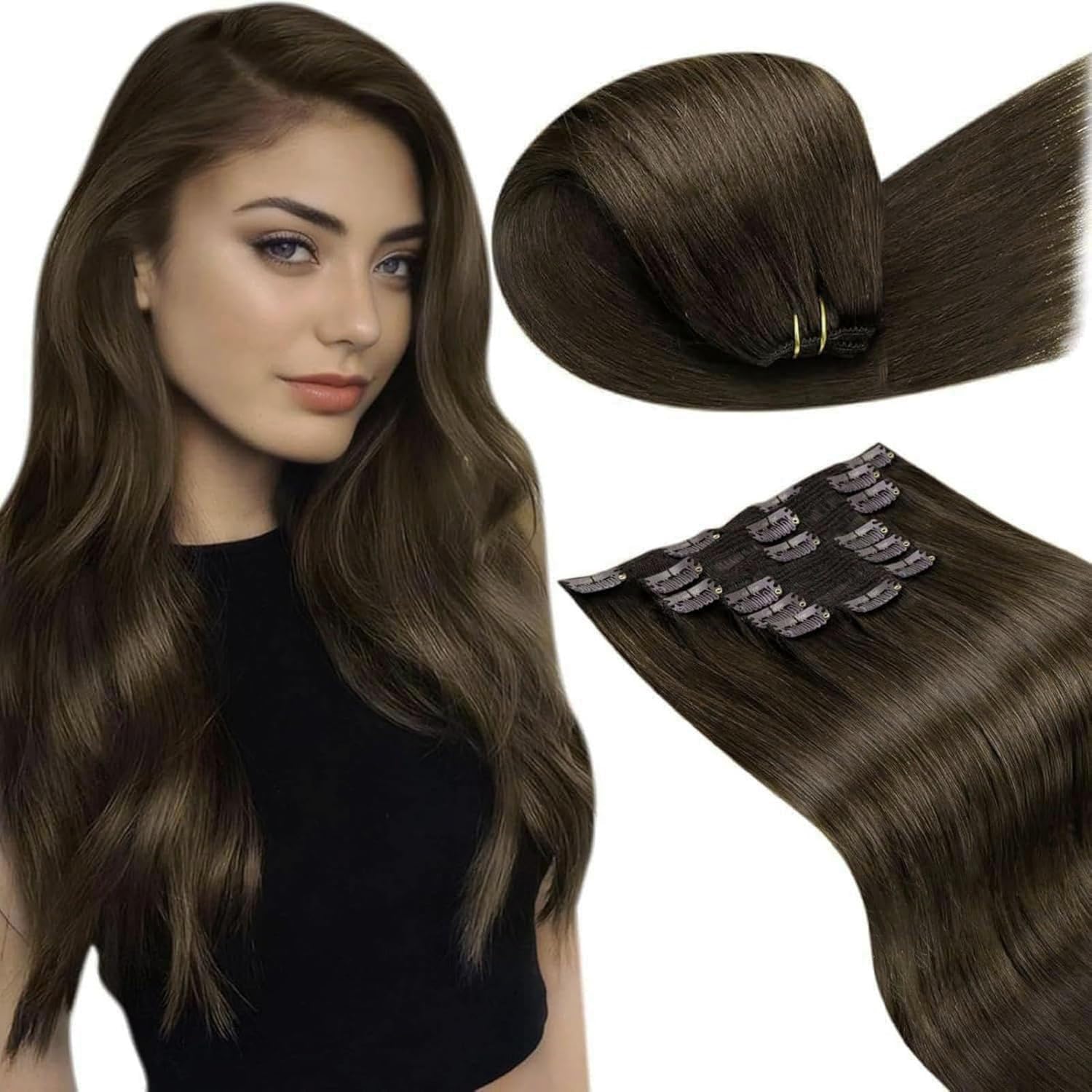 LaaVoo Hair Extensions Clip in Real Human Hair Brown Clip in Hair Extensions Dark Brown Full Head 16 Inch 120g 7pcs Remy Straight Hair Double Weft #4 — view 66
