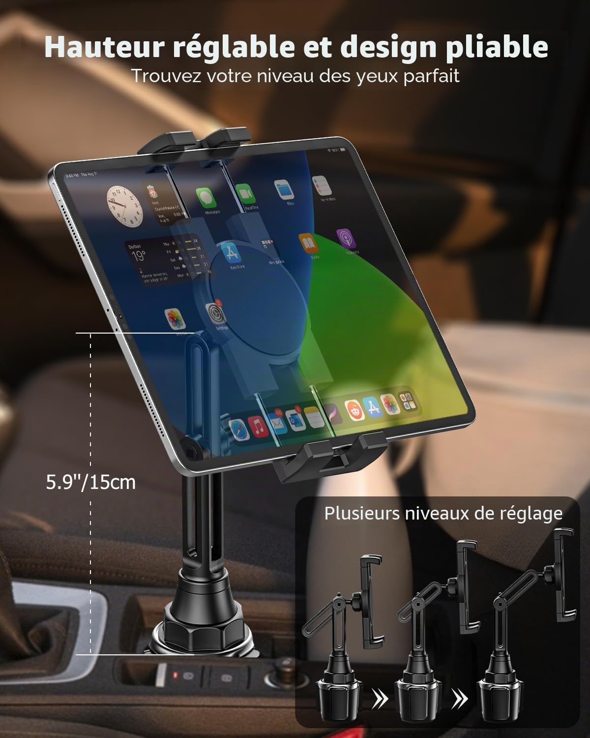 Support Tablette Voiture Gobelet, woleyi Universel Porte Gobelet Tablette avec Bras Télescopique, Support Téléphone Voiture Tasse, Pour iPad Pro 12.9 10.5 9.7 Air Mini 5 4 3 2, iPhone Series 4-13"