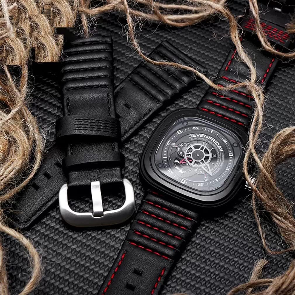 28mm Men's Genuine Leather Watch Band Compatible with Seven Friday M1 M2 P3 SF Calfskin Black Watch Straps with Heavy Duty Metal Buckle Watch Accessories