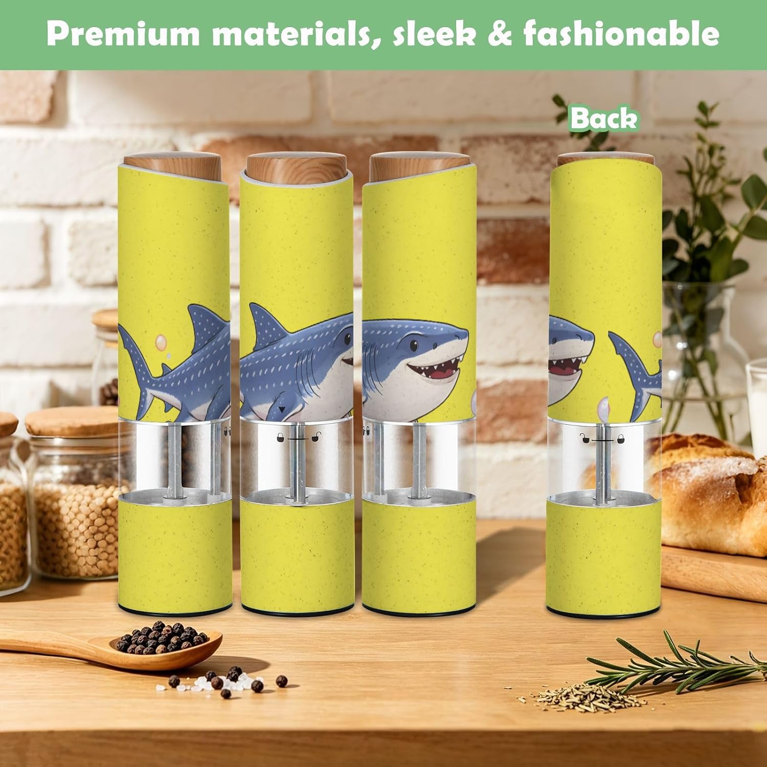 ALAZA Electric Pepper Grinder with Adjustable Coarseness, Tralalero Tralala Meme Italian Brainrot Shark 6 Battery Automatic Salt and Pepper Mill with Led, One-Handed Operation Spice Grinder for Kitche