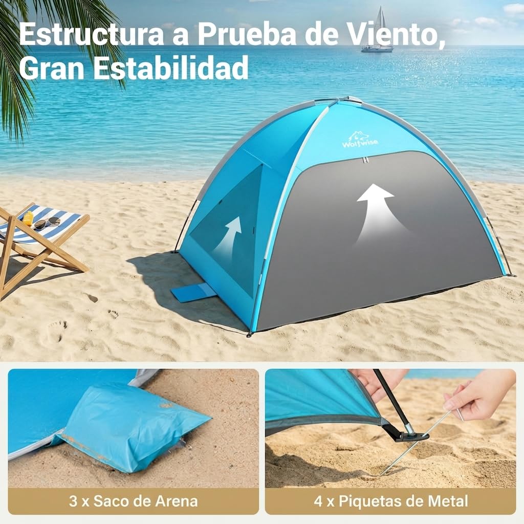 Wolfwise Tienda de Playa UPF 50+ para Familia, Refugio Solar Anti-UV con 3 Ventanas Ventiladas, Suelo Extensible y Bolsa de Transporte, Capacidad 3 Personas, Azul