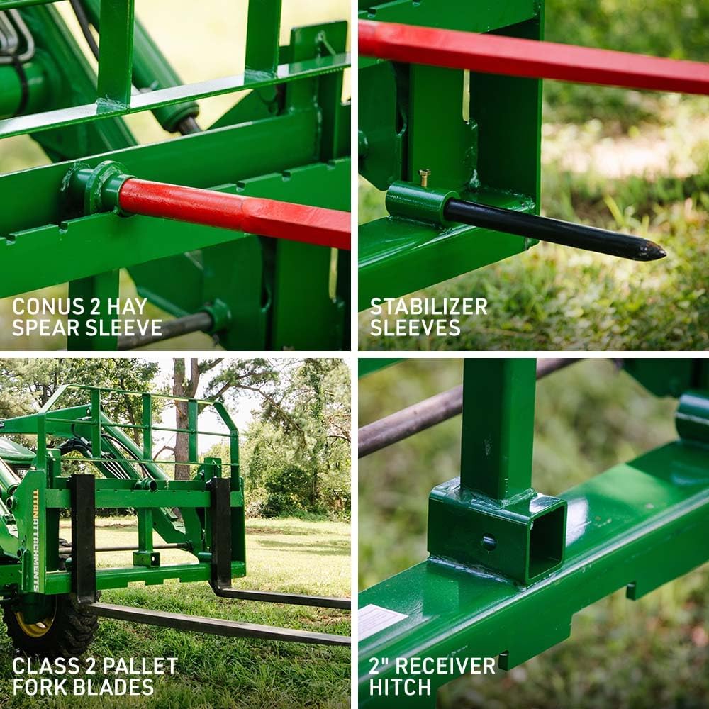 Titan Attachments Pro Series Hay Frame, 39" Conus 2 Hay Spear and Stabilizer Spears, Hook and Pin Mounting Style, Rated 6000 LB, 2" Receiver Hitch