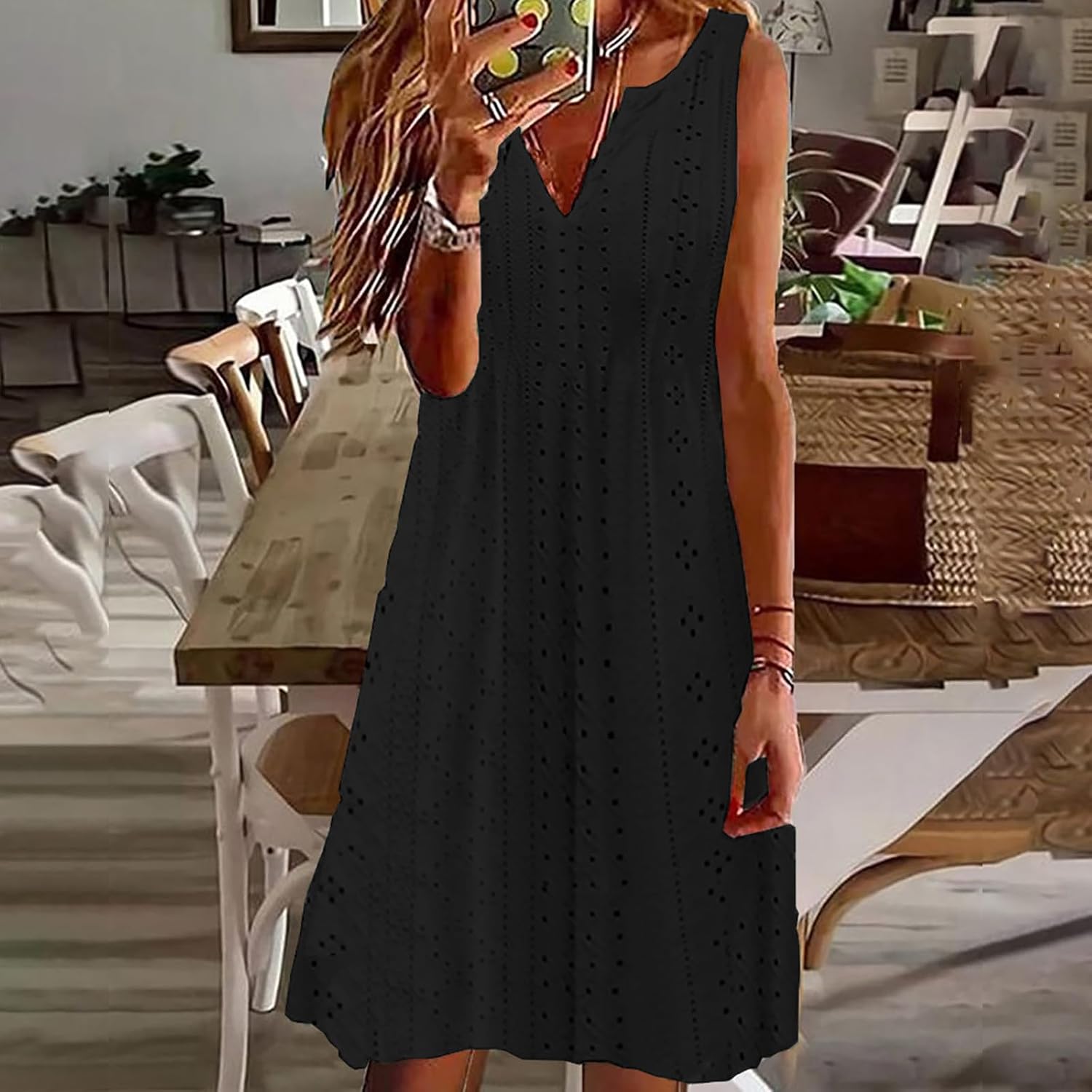 Women V Neck Eyelet Dresses Summer Casual Sundress Solid Sleeveless Knee Length Dress Tank Tunic Sun