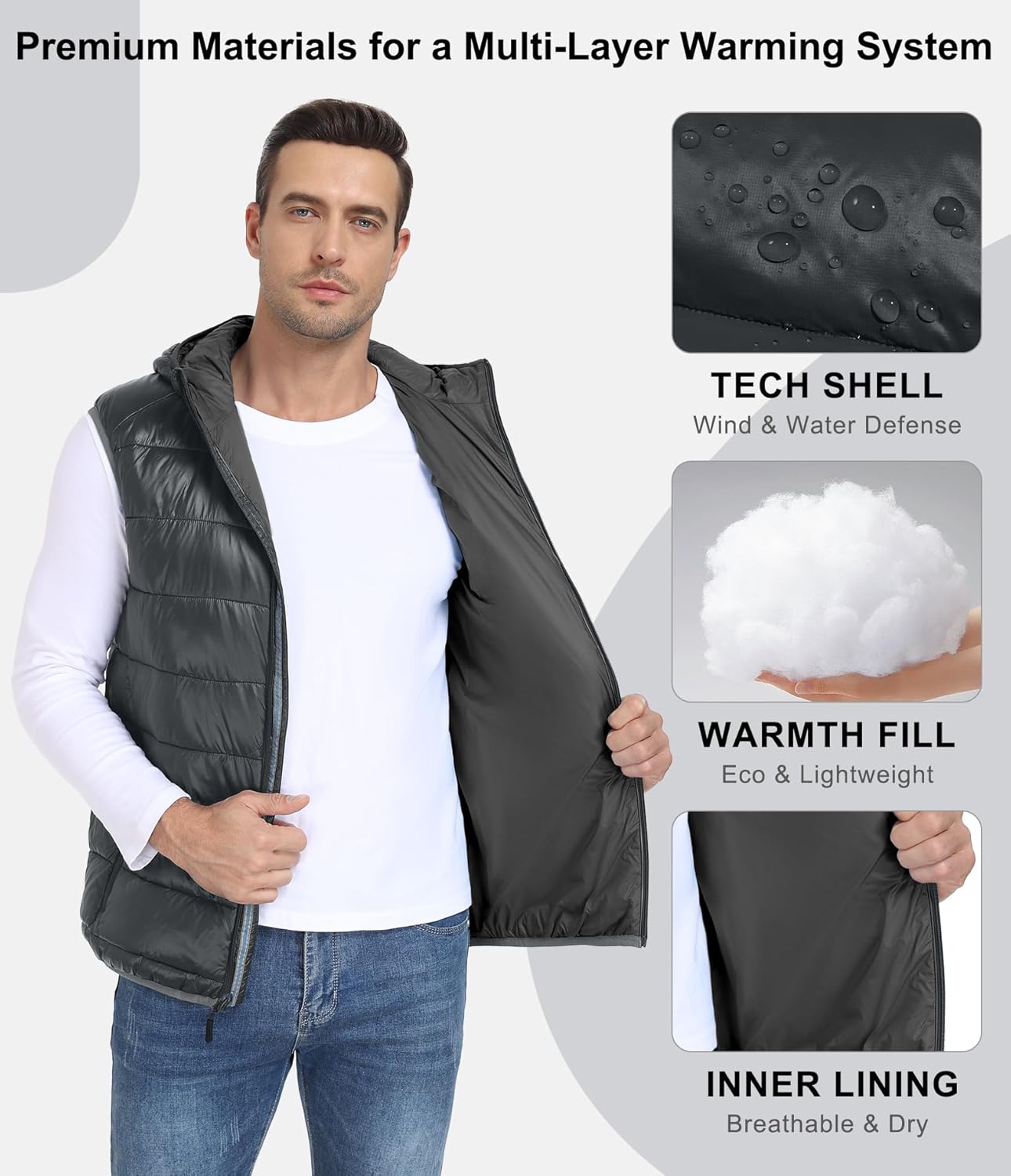 Mapamyumco Men's Hooded Puffer Vest Waterproof Lightweight Quilted Puffer Vest Full Zip Sleeveless Jacket Winter Outerwear