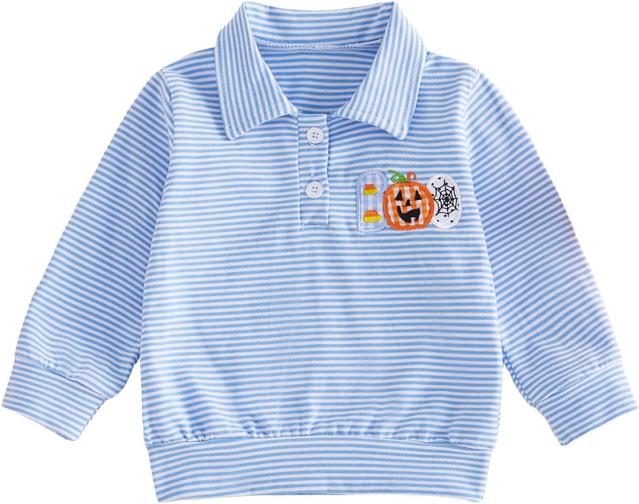 Toddler Baby Boy Halloween Outfit Pumpkin Embroidery Waffle Striped Long Sleeve Polo Shirt Button Up Pullover Top
