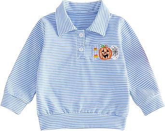 Toddler Baby Boy Halloween Outfit Pumpkin Embroidery Waffle Striped Long Sleeve Polo Shirt Button Up Pullover Top