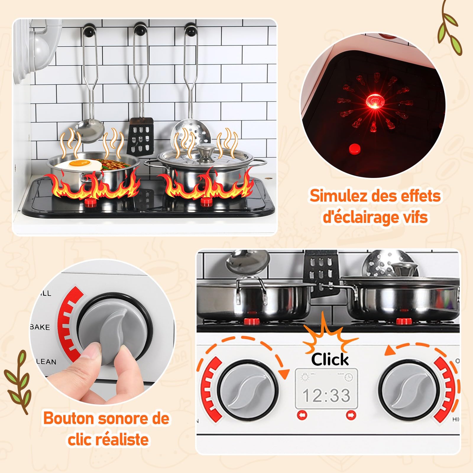 Cuisine En Bois Enfant MAMIZO 90x30x90 Cm - Avec Lumière Et Son, 2 Boîtes De Rangement, Accessoires Inclus, Pour Enfants Dès 3 Ans