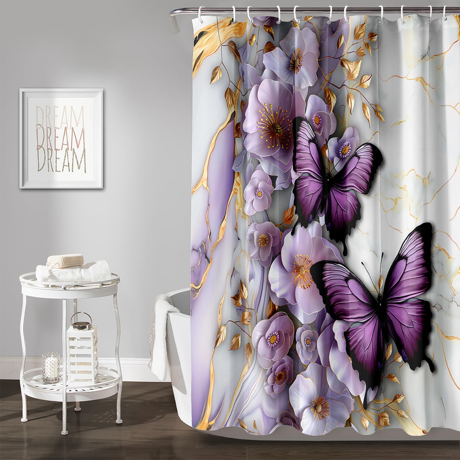 AILONEN Purple Floral Butterfly Shower Curtain, Waterproof Gold White Marble Flower Bath Curtain for Kids Girls Women, 48