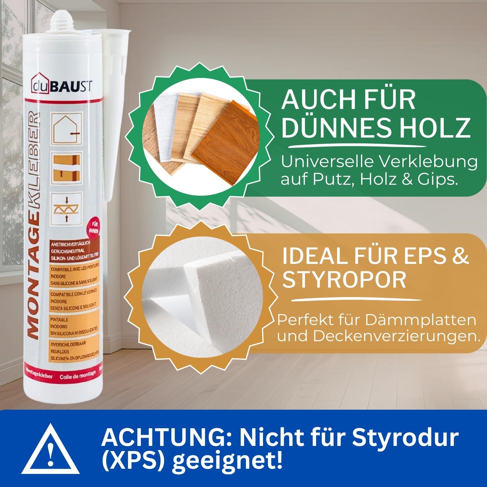 12x dubaust Montagekleber Universal Weiß – Holz, Styropor, Stein, Zierleisten - 511g - AMK24