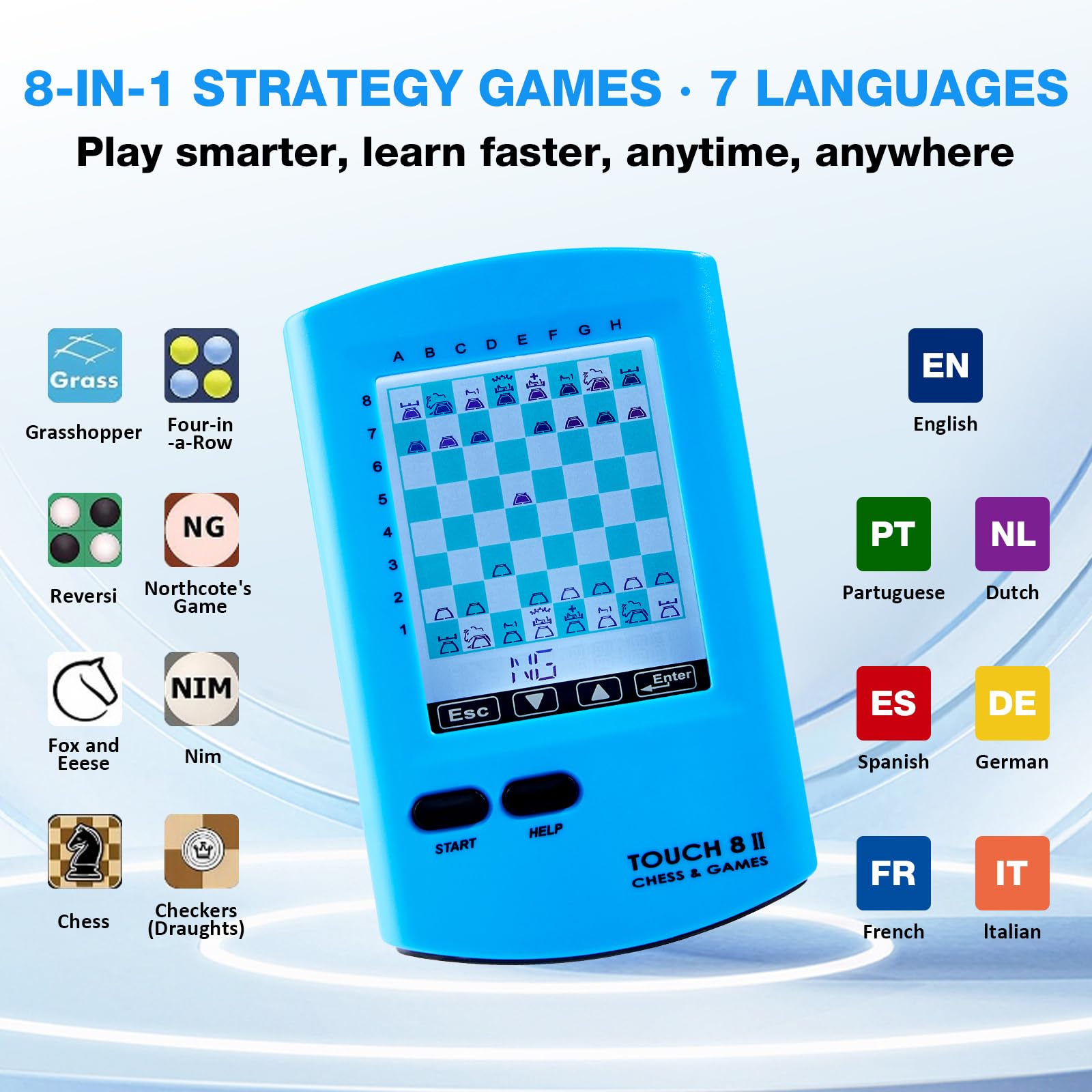 Tablero de ajedrez electrónico de mano, ordenador de ajedrez táctil 8 en 1 con entrenamiento de IA, pantalla HD de 7,4 cm, juego de ajedrez de viaje portátil para principiantes y adultos, más