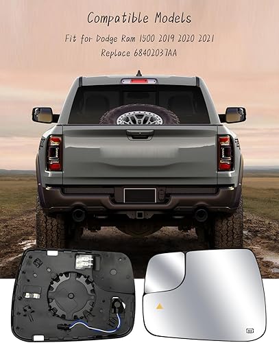 Miniatura 6 de Espejo calefactable mejorado para el lado del conductor con detección de puntos ciegos para Dodge Ram 1500 2019 2020 2021 Reemplazo 68402037AA,