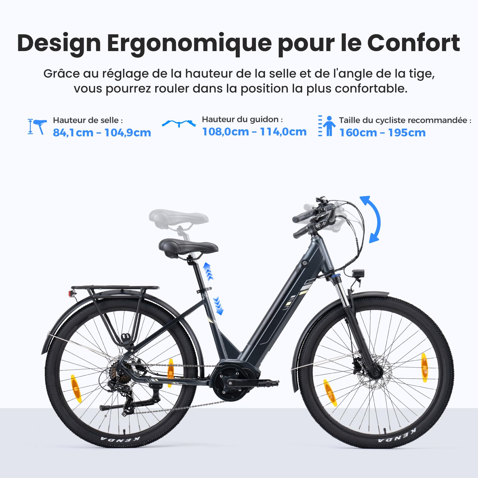 Touroll Urbano 3 Vélo Électrique Adulte, Moteur Central 250W 70Nm, Freins Disque Hydrauliques, Batterie Amovible 120km Autonomie, 27.5" Vélo électrique de Ville 7 Vitesses