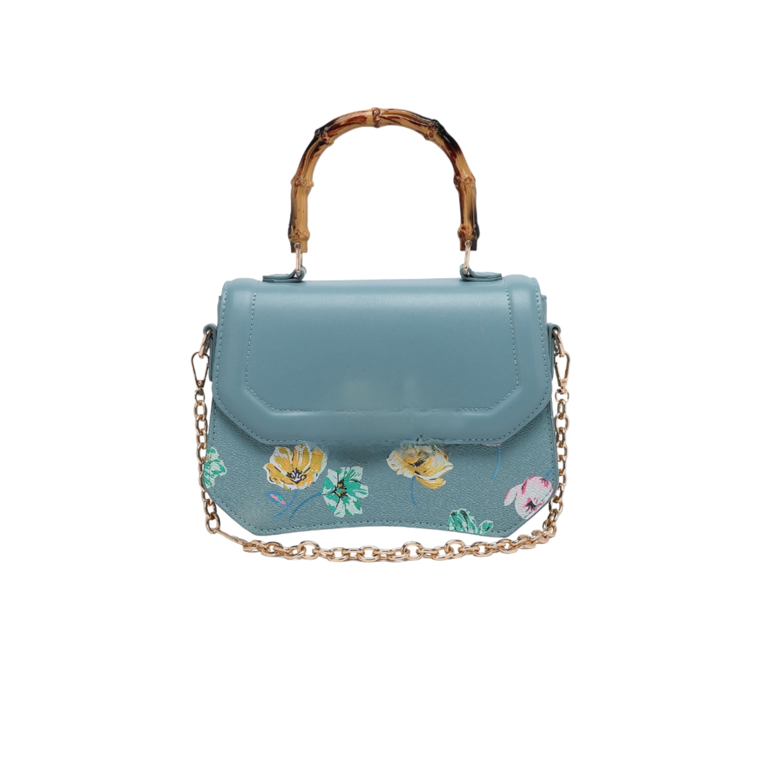 Women's Floral Satchel Handbag with Bamboo Style Handle & Gold Chain Strap-image-9