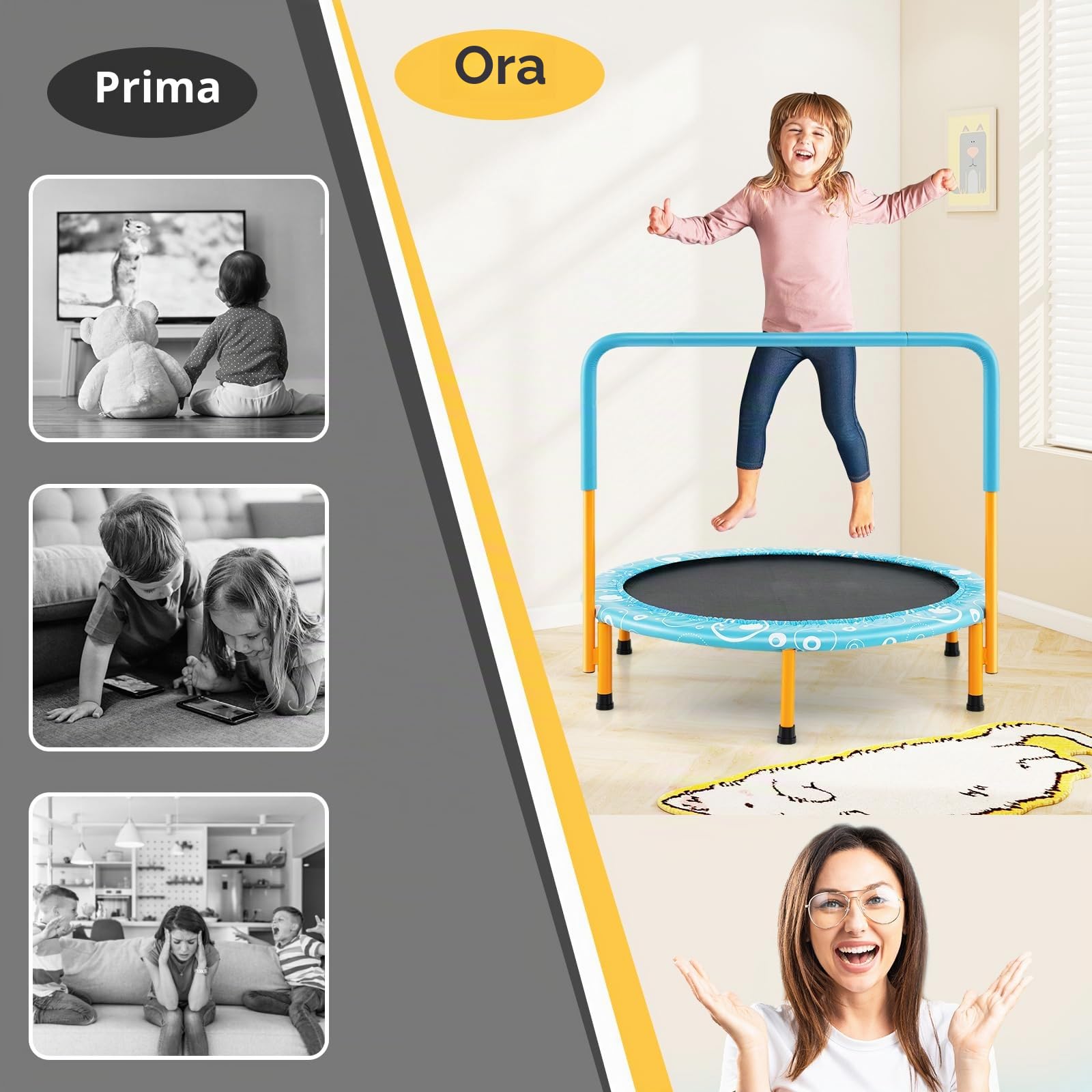 LIFEZEAL Trampolino Elastico per Bambini 3-10 Anni, Ø92x81cm, Mini Trampolino per Interno, Salta, Jump, con Maniglia e Gambe Rimovibili, Sicuro, Pieghevole, Telaio in Metallo, Regalo, Max 150kg