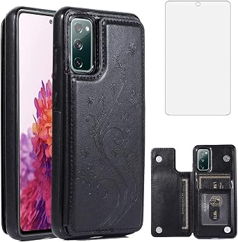 Phone Case for Samsung Galaxy S20 FE 5G/S20 Fan Edition with Tempered Glass Screen Protector Card Holder Wallet Cover Stand Flip Leather Accessories Glaxay S20FE S 20FE FEcases 2020 Women Men Black