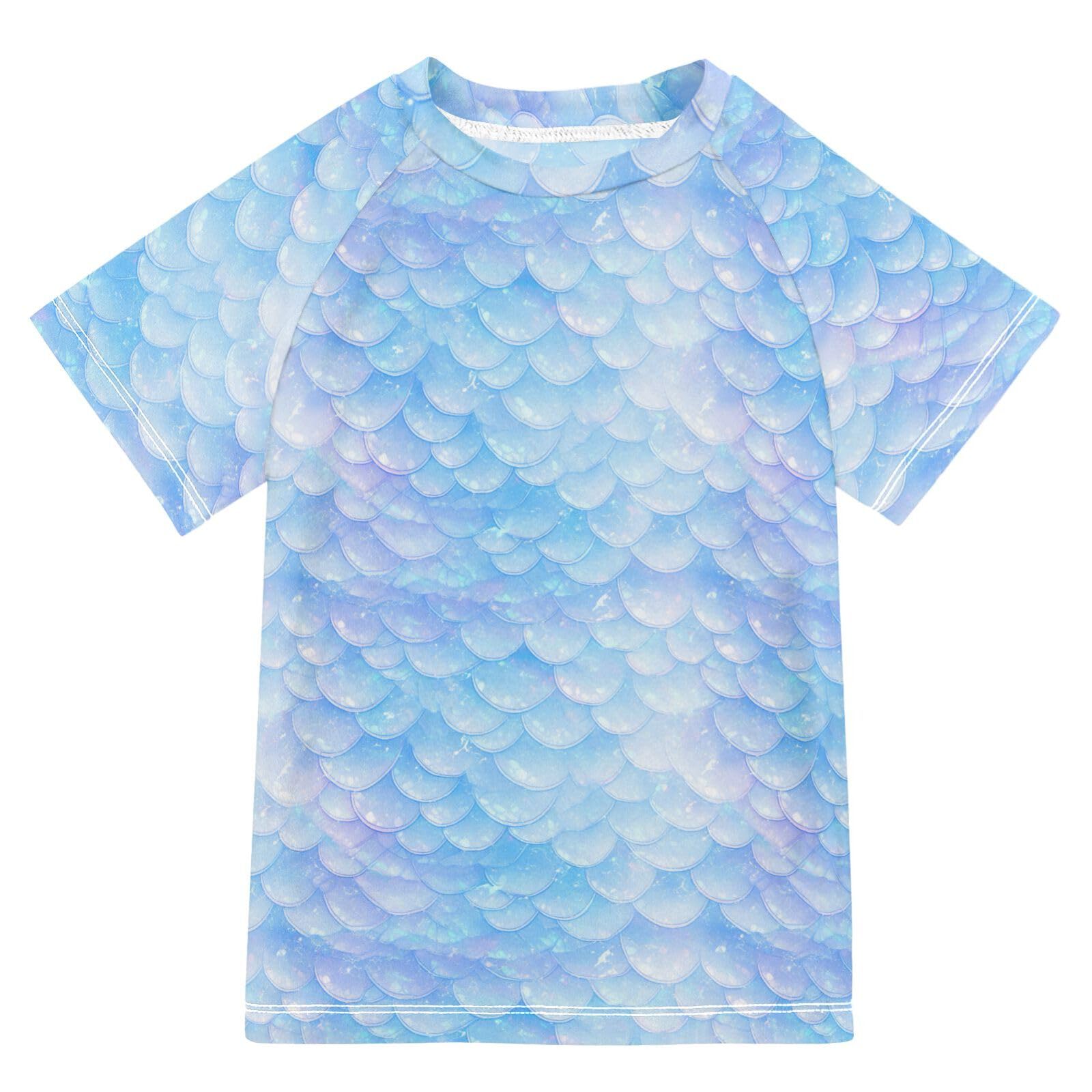 KLL Boy Bathing Suit Short Sleeve Rash Guard Swimsuit 11T Blue Scales Shimmering