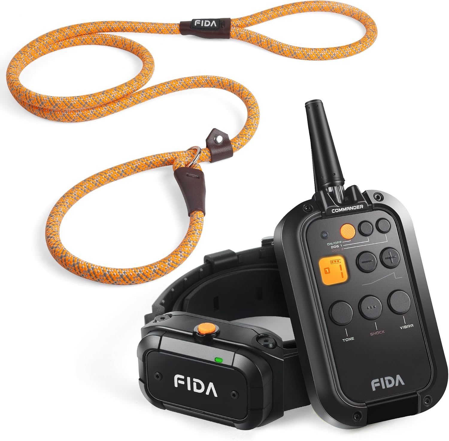 Fida Durable Slip Lead and Dog Shock Collar with Remote 3/4 Mile Range E Collar for Dogs Training Set, IPX7 Waterproof Rechargeable Dog Training Collar for Medium Large Dogs with 3 Modes, 16 Levels
