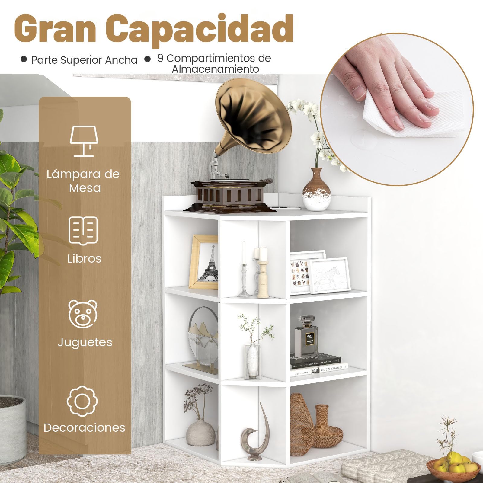 GIANTEX Librería Esquinero de 3 Niveles, Estantería de Almacenamiento con 9 Compartimentos Abiertos, 51 x 71,5 x 86 cm, con Puertos de Carga, Librería Triangular para Salón, Estudio (Blanco)
