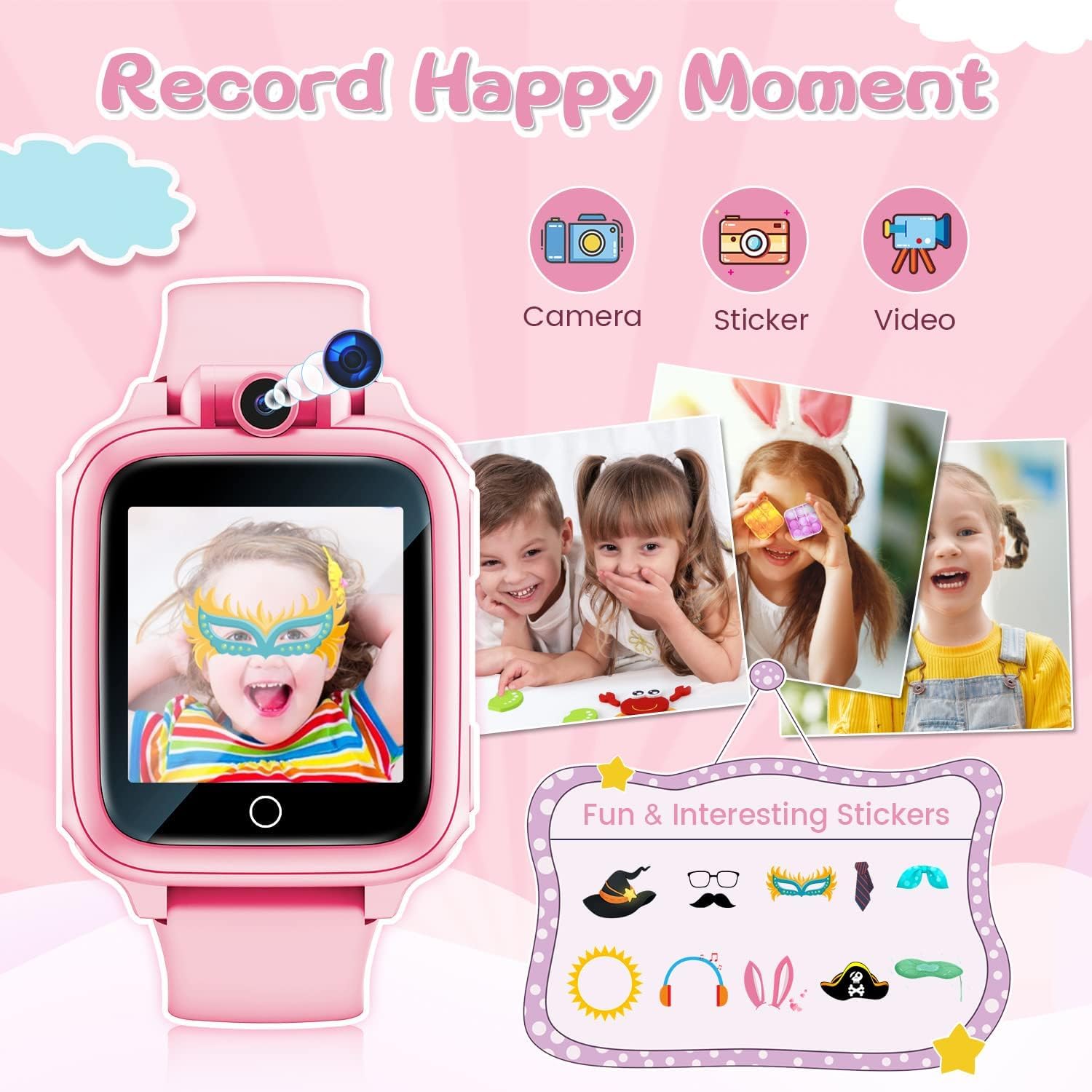 Awatty smartwatch bambini,smartwatch bimbi bimbi bimbi giocattoli bambini 3 4 5 6 7 8 9 10 11 12 anni con scheda micro SD fotocamera 14 giochi musica sveglia - rosa