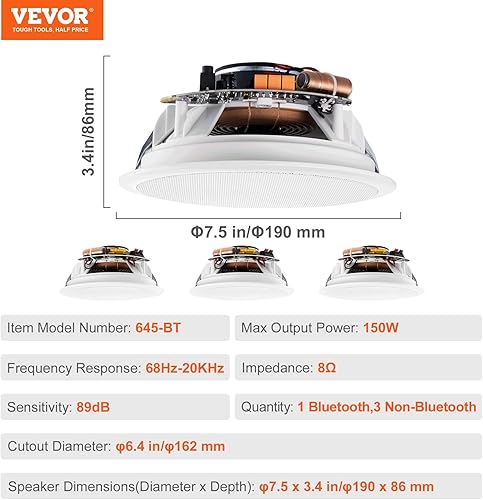 Miniatura 8 de VEVOR 4 altavoces de techo Bluetooth de 6.5 pulgadas, sistema de altavoces de techo y pared de montaje empotrado de 600 W con impedancia de 8