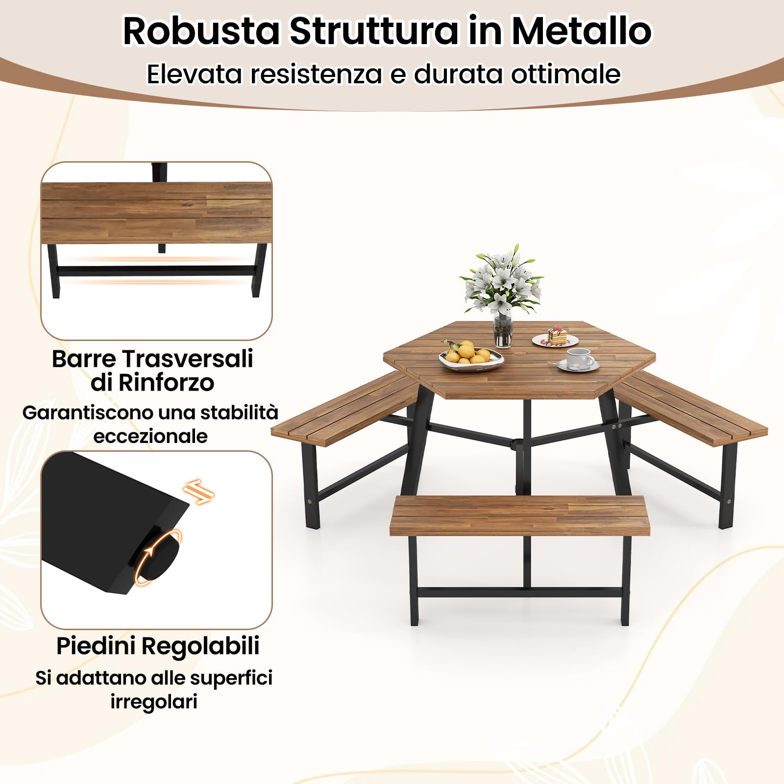 RELAX4LIFE Tavolo da Picnic per 6 Persone in Legno di Acacia con Panchine Incorporate, Set da Tavolo da Pranzo Esterno con Foro per Ombrellone e Struttura in Metallo per Patio, Giardino, Bordo Piscina
