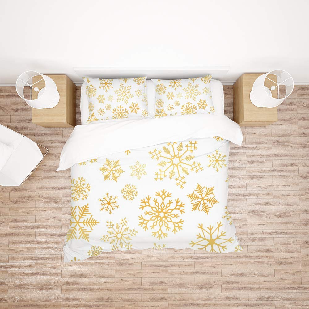Parure de lit double 3 pièces en polyester doux à motif flocon de neige doré pour toutes saisons