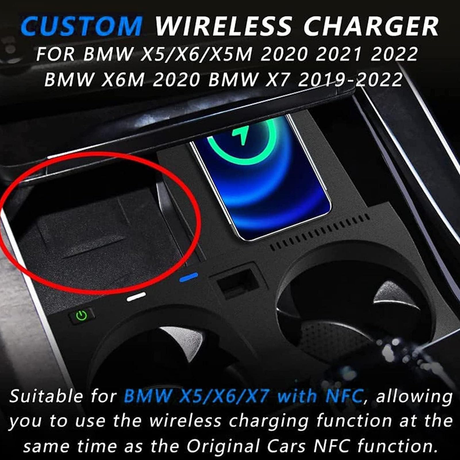 Panel De Accesorios Consola Central Cargador Coche Inalámbrico,Almohadilla Carga Teléfono De Carga Rápida De 15W con USB para BMW X5/X6/X5M/X6M/X7 F85/F86 Cualquier Teléfono Habilitado para Qi
