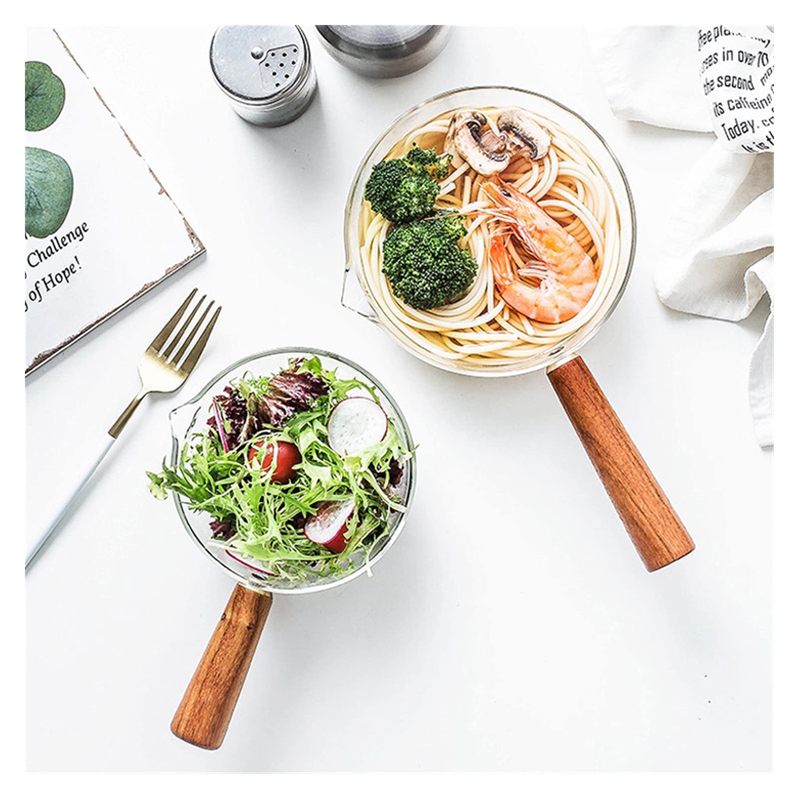 Ensaladeras Leche de vidrio Pote de fideos Sopa de fideos Foto de Stock Pote de avena Pan de cocción Hervido Calefacción Pote más cálido con mango de madera Ensalada Cocinar utensilios 600ml Tazones d