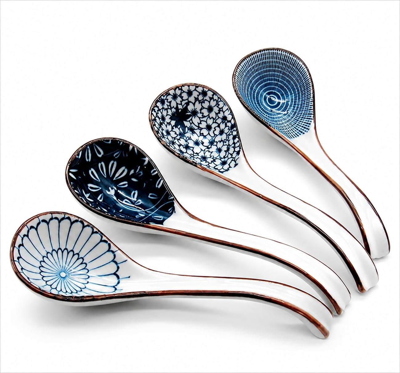 Asian Soup Spoons Set of 4, 6.4” Ceramic Ramen Spoon with Long