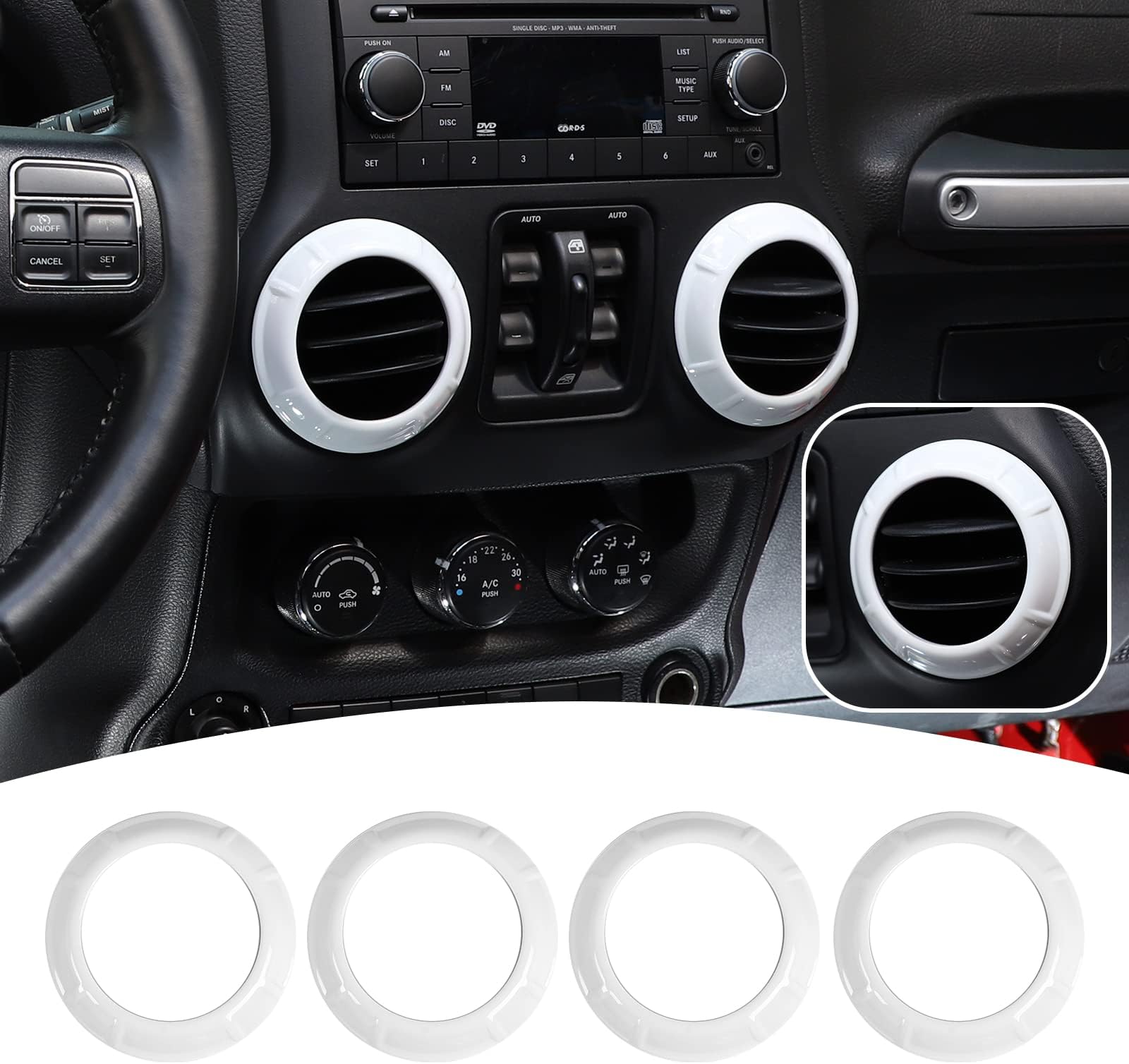 4PCS Center Console Dash Air Conditioner Vent Cover Trim Interior Accessories Compatible for Jeep Wrangler JK JKU 2011-2018 (White)