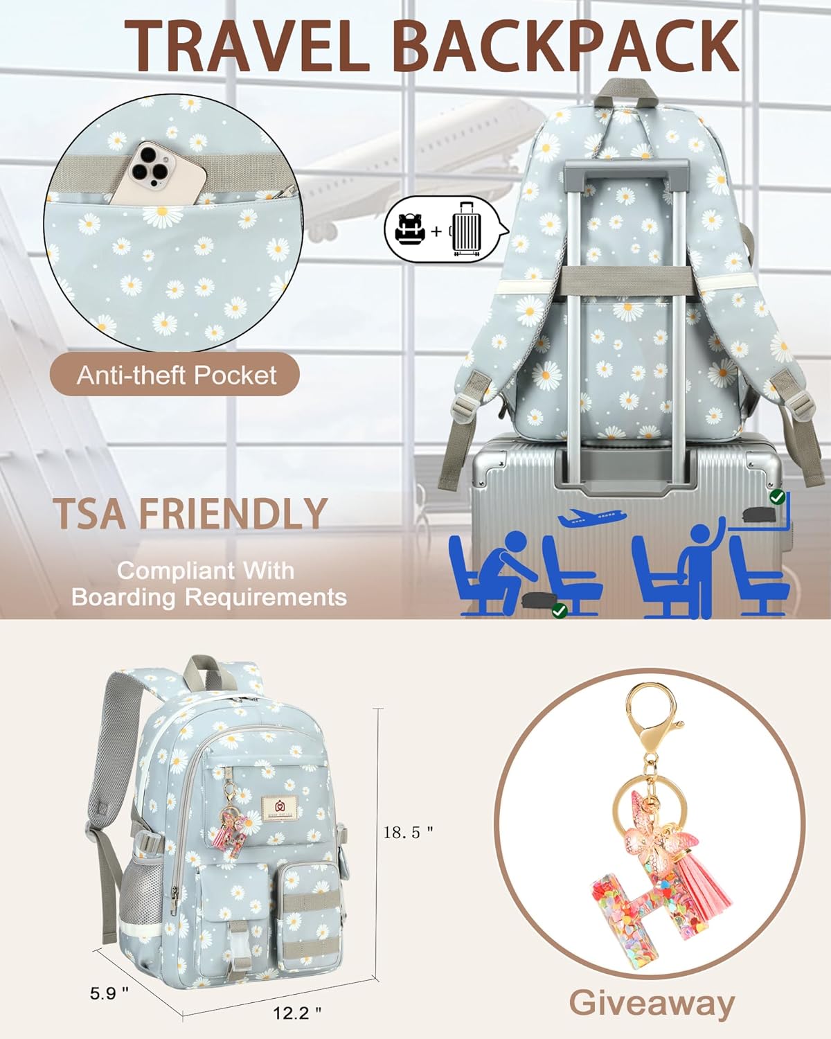 Laptop School Backpack for Teen Girls Women 15.6 Inch Cute College Backpacks Large Elementary Middle High School Bag Kids Student Daisy Bookbag Anti Theft Travel Back Pack Casual Daypack (Grey-Daisy)