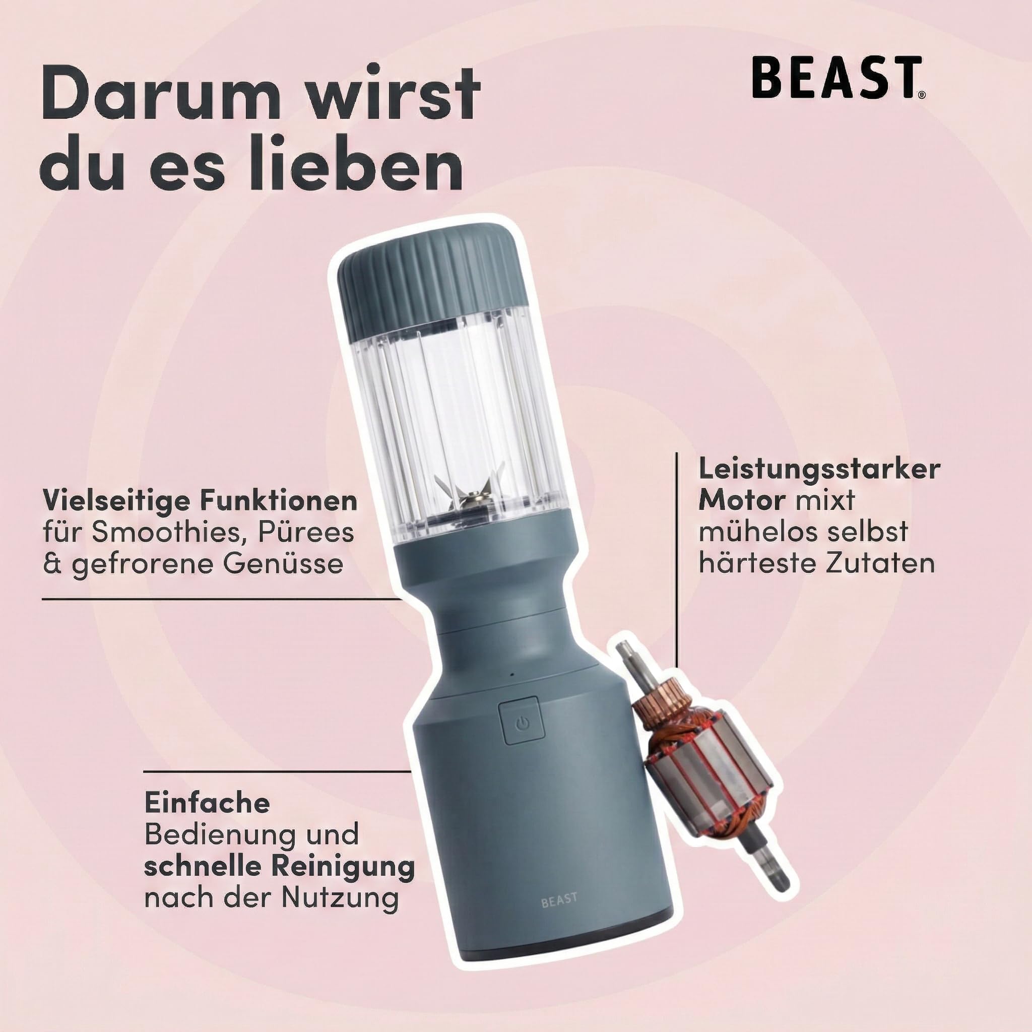 BEAST Smoothie Maker 850W - Kompakter Standmixer Hochleistungsmixer mit 3 Tritan Mixbechers - 785ml - To-go Trink - und Aufbewahrungsdeckel - Mixer für Smoothies, Eis und Shakes - Mist
