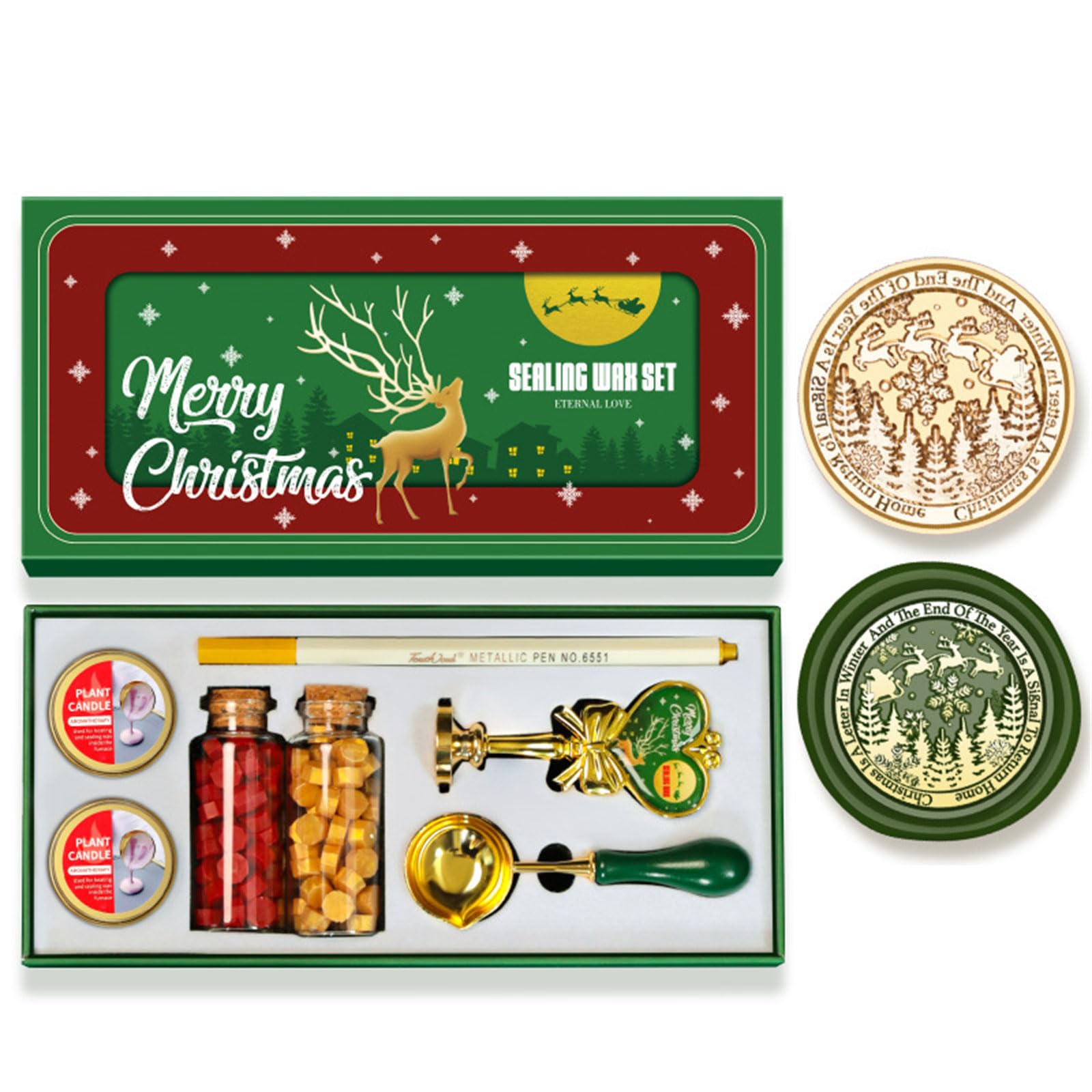 Elnwnnkc Christmas Themed Seal Stamp Set with Melting Spoon, Seal Stamp Beads, Metallic Pen for Envelope, Invitation Embellishment