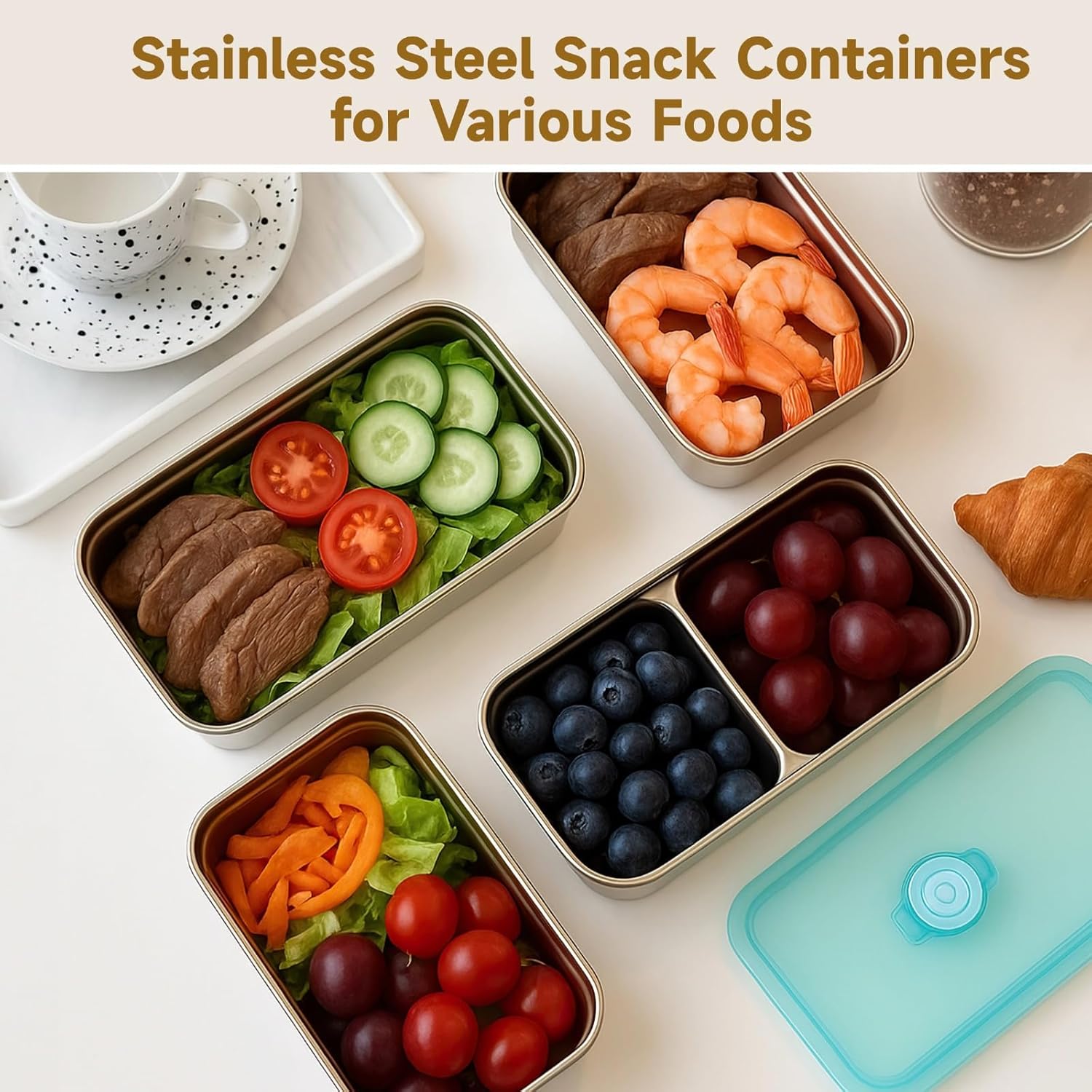 Food Grade Bento Box With Lid Double Compartment Steel 4 Pcs Containers Includes Stainless Snack Office 2 Pcs Single + 2 Pcs Double Travel Lunch Ideal Set For