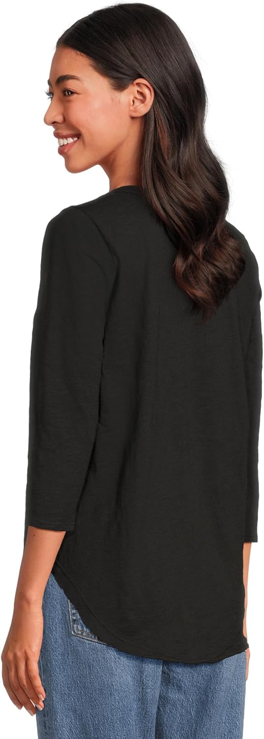 Mod-o-doc Women's 3/4 Sleeve V-Neck Tee with Curved Hem, Black - Image 3