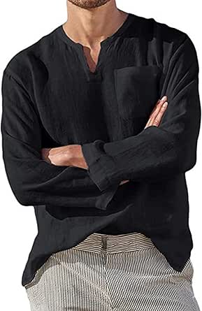 Amazon.com: Men's Cotton Linen V-Neck Shirt Casual Long Sleeve Beach ...