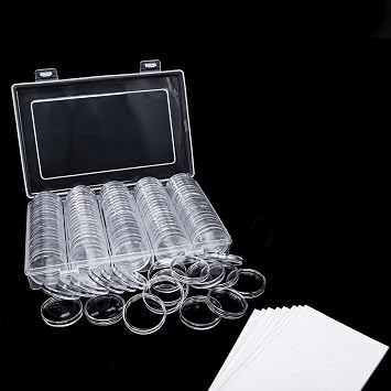100 Pack 30mm Coin Capsules with White Protect Gasket and Plastic Storage Organizer Box for Coin Collection Supplies, Clear and Round Plastic Capsules, Fits 17/20/25/27/30mm Size Coins