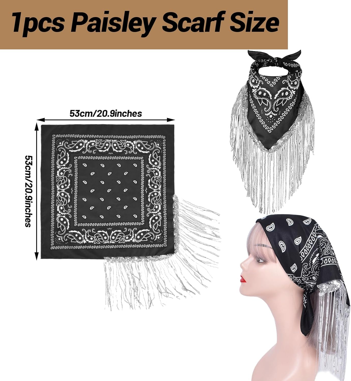 Cowboy Hat with Fringed Bandana Set for Women Wide Brim Western Cowgirl Hat Paisley Head Wrap Scarf - Image 7