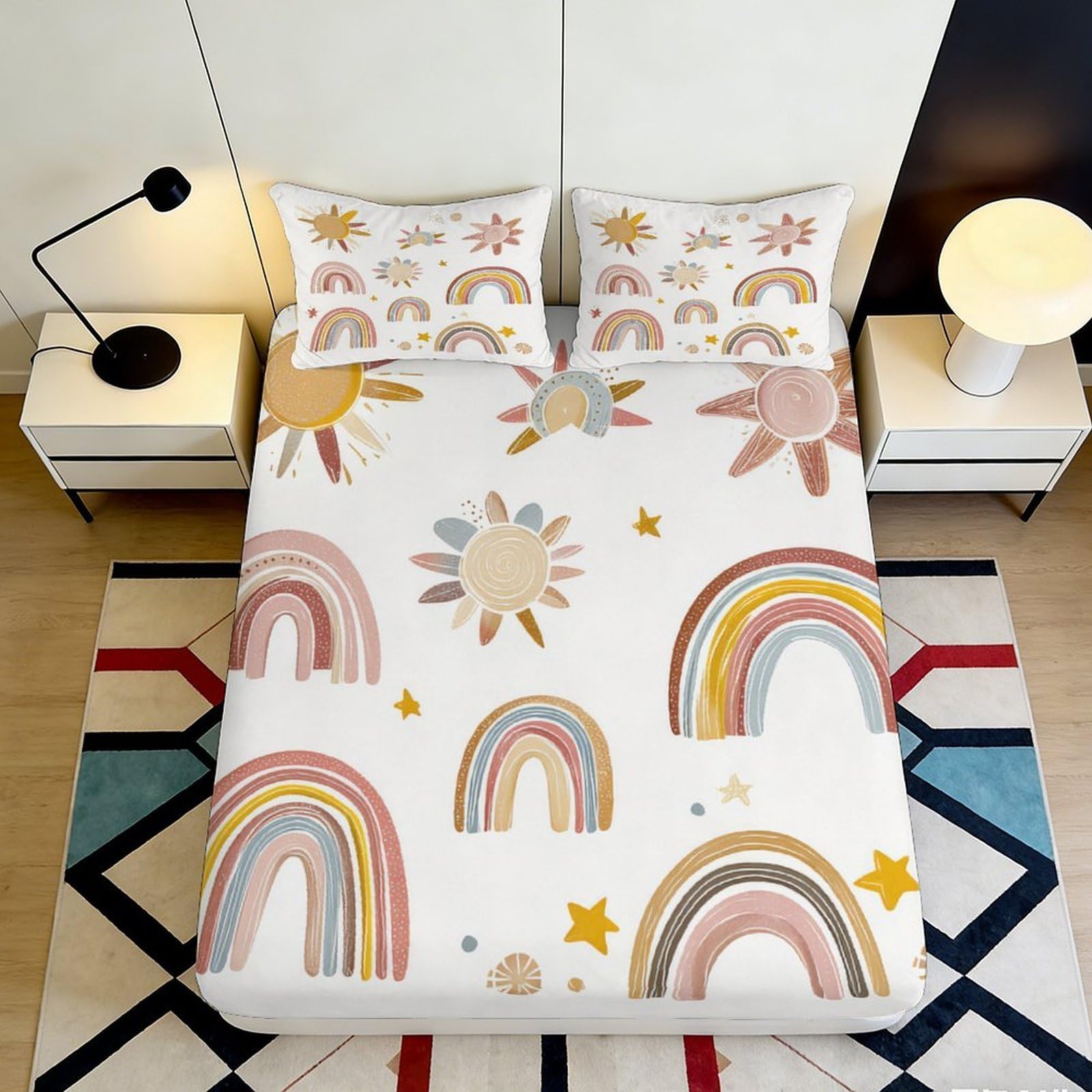 3D Printed Rainbow Sun Fitted Sheet Microfiber Deep Pocket Non-Slip Bedroom Bedding Rainbow Sun Mattress Fitted Cover for Adults Teens 200x200x25cm