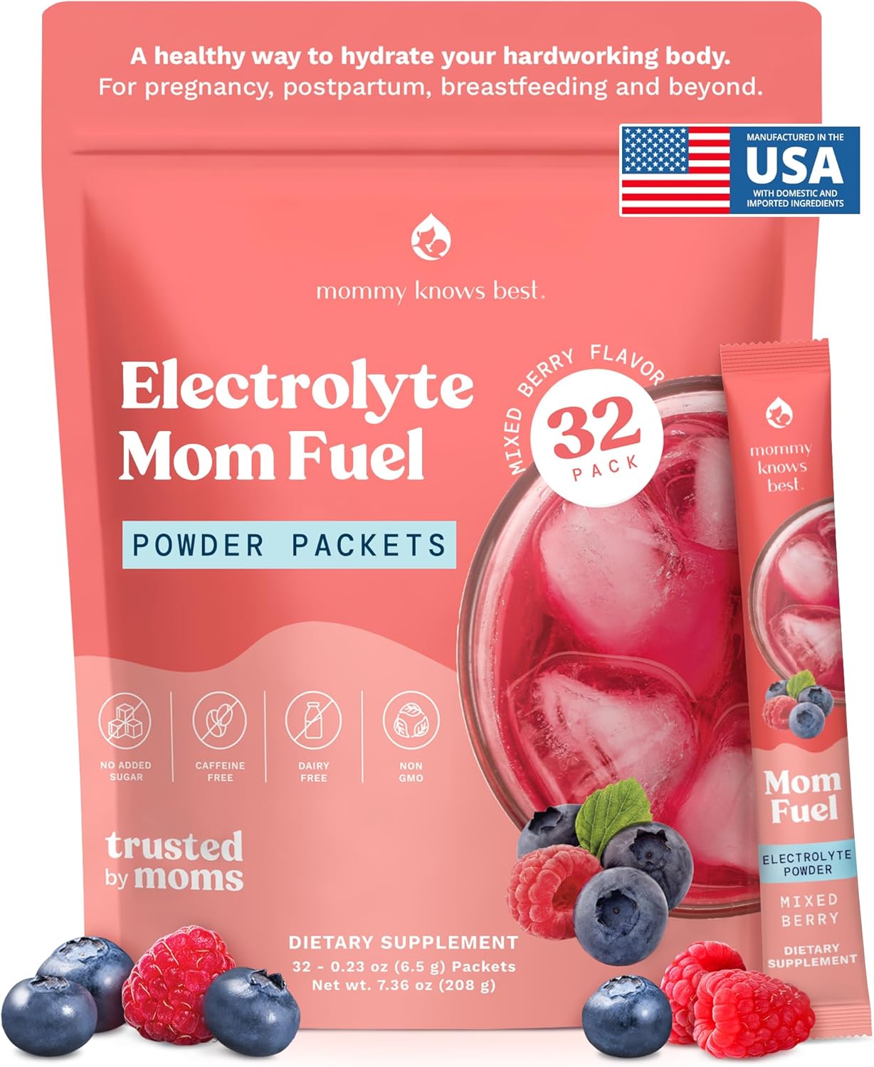 Mommy Knows Best Mom Fuel Electrolyte Drink Mix for Moms, Hydration Support - for Pregnancy, Prenatal, Electrolytes + Trace Minerals, Lactation Drink Mix Supplement (32 Count)