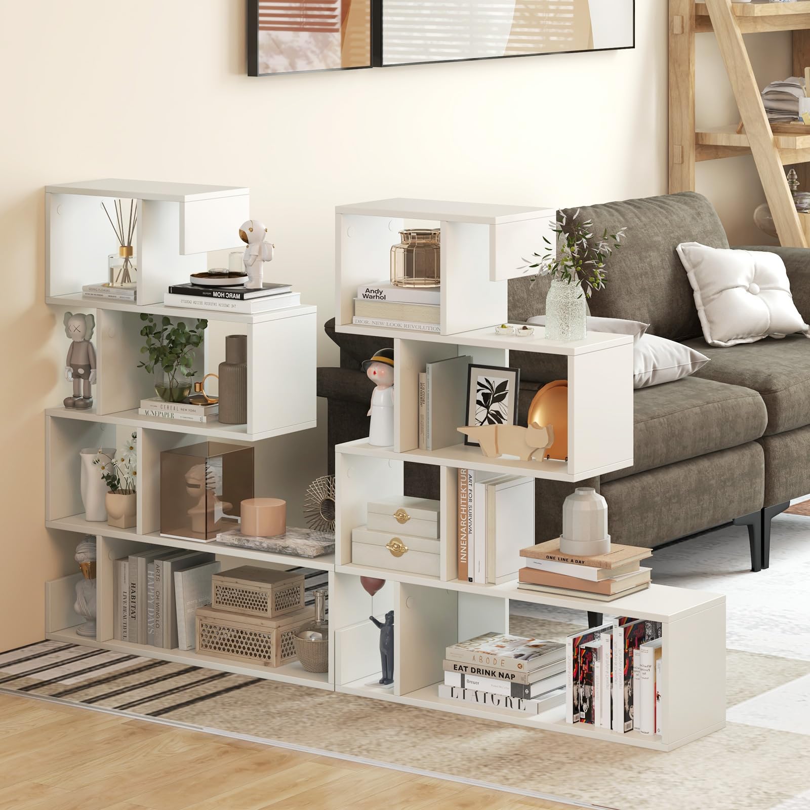 HOMASIS Libreria a Forma di Mossa con 5 Livelli, Scaffale Aperta a Forma di S in Legno, Libreria Divisoria con Protezione Anti-Ribaltamento per Soggiorno, Studio, 80 x 22 x 100 cm (Bianco)
