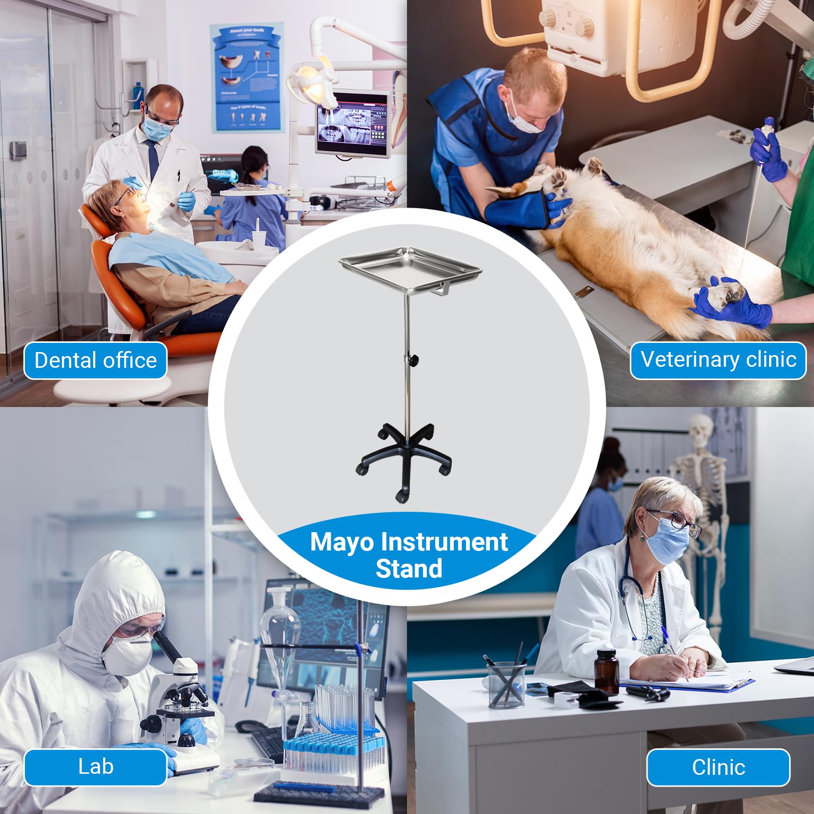 Supporto per strumenti Mayo, tavolo rotolante mobile per denti, veterinari, forniture per cliniche per animali domestici - altezza regolabile 35 "-51" carrello doppio con vassoio a sollevamento (B)