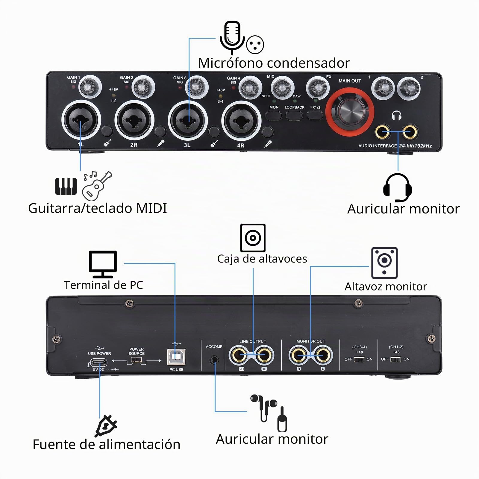 Tarjeta de sonido de 4 canales, interfaz de audio para computadora, 4 salidas para grabación profesional de karaoke en vivo, interfaz de audio USB sin controlador