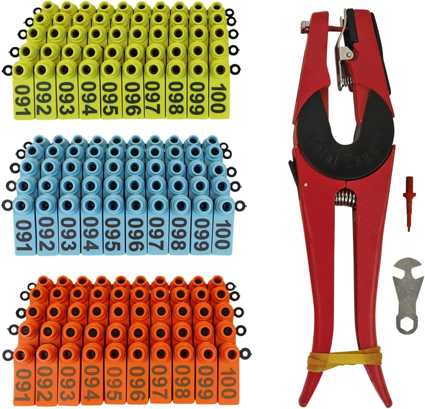 Ear Tags for Goats Sheep Lambs Hogs, Made of Real TPU Material, with Applicator, 3 Colors Total 300pcs, Numbered 001-100