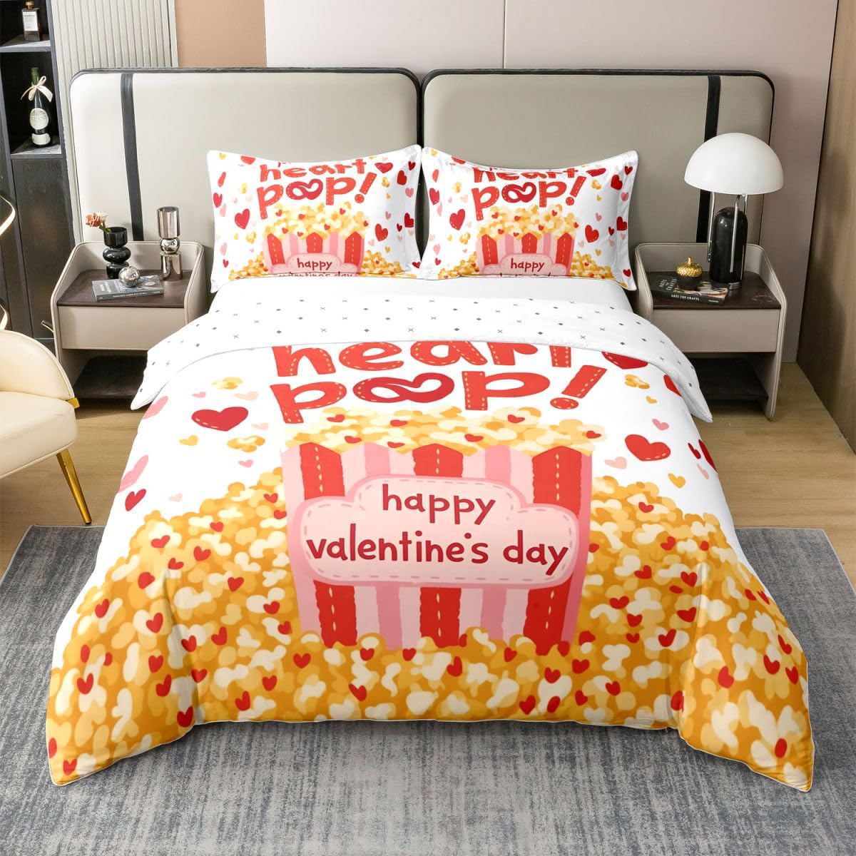Homewish Popcorn - Set copripiumino super king size con 2 federe, in cotone rosso e giallo, set di biancheria da letto di lusso per festival, film, cinema, commedia