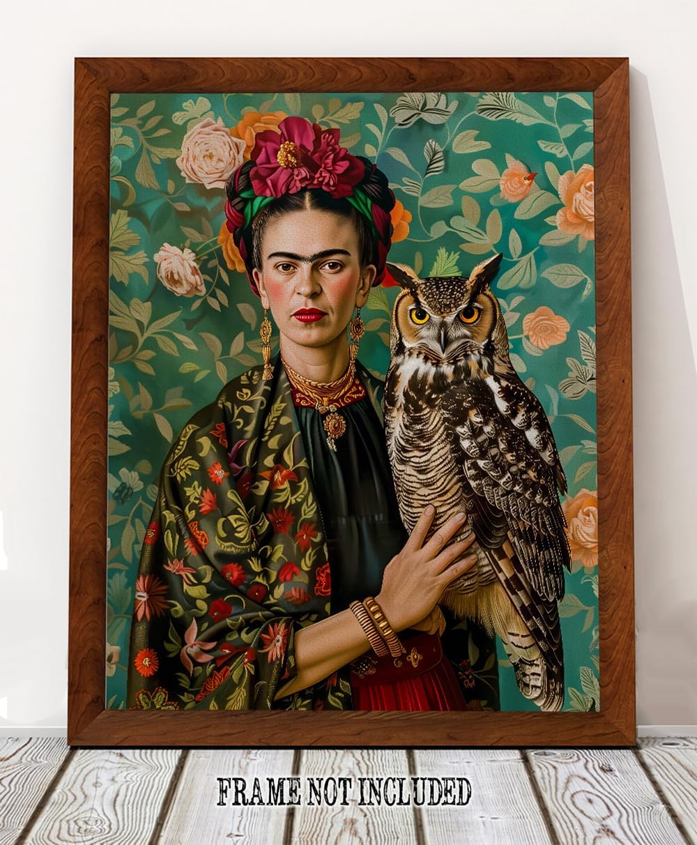 Frida Kahlo & the Owl - Frida Inspired 28x36 Stretched Canvas Ready to Hang Surreal Symbolic Portrait Owl Companion Wisdom Animal Botanical Setting Mexican Folk Statement Art Boho Maximalist Interiors