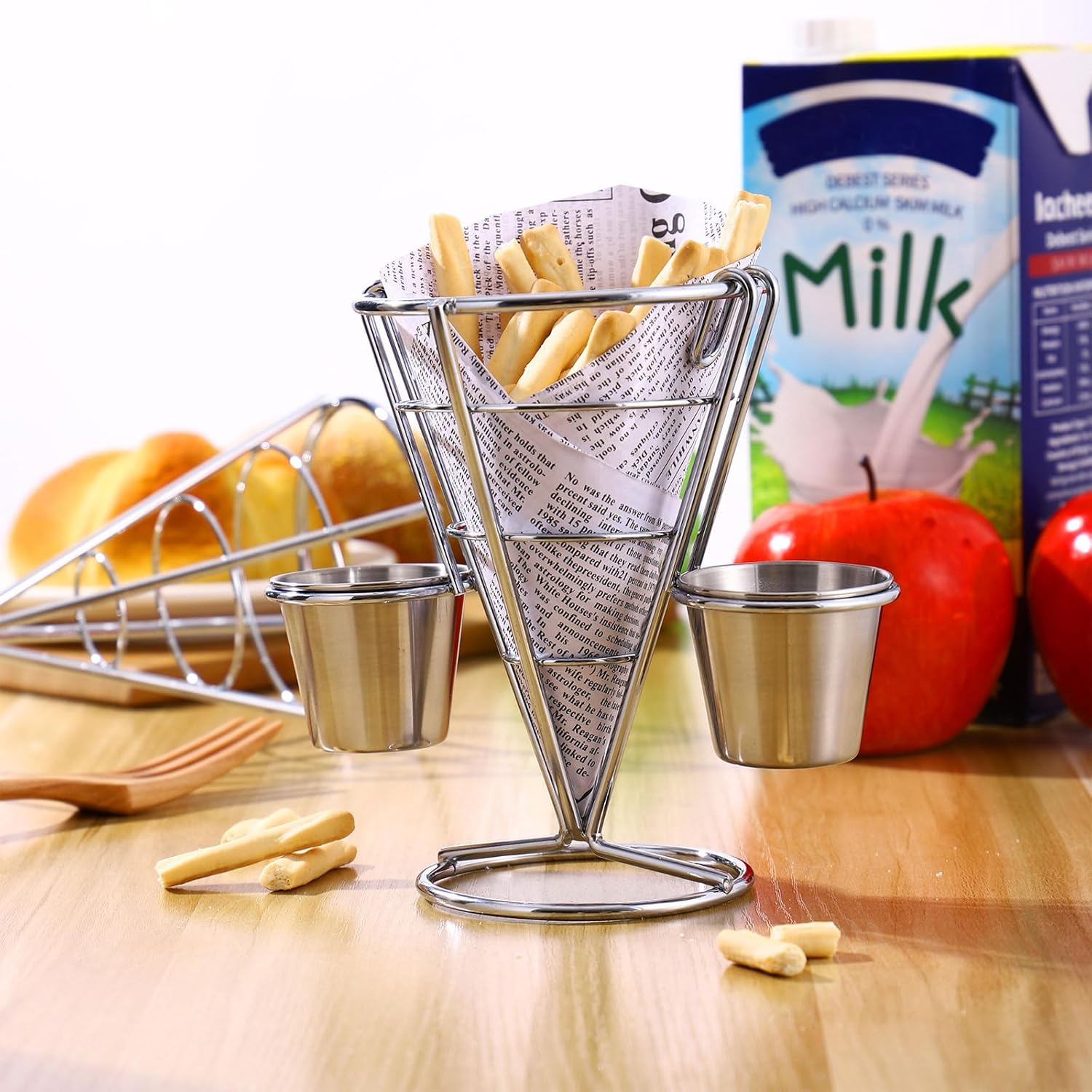 DOITOOL Metal French Fries Stand Cone, 4PCS Wire French Fry Serving Basket with 2 Sauce Dippers for Snack Fried Chicken Display for Party Bar Restaurant Picnics and Outdoor Events