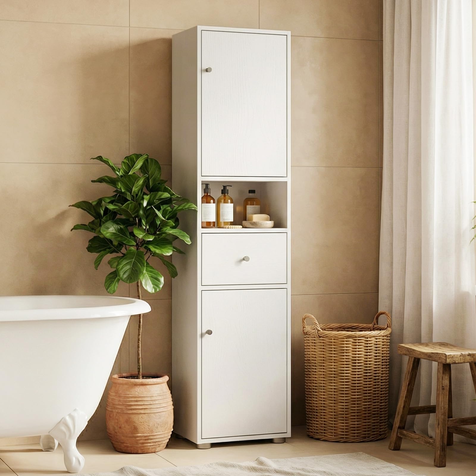 HOKEEPER Armario Estrecho y Alto para Baño, Mueble Baño Independiente con Cajón y Estanterías Ajustables